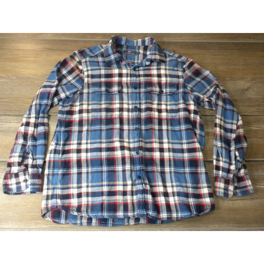 Vineyard Vines Shirt L Blue Red Plaid Flannel Button‎ Up Coastal Prep Shep & Ian